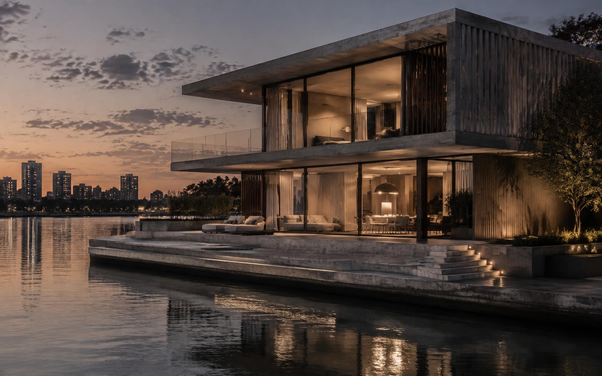 Residencia contemporánea sobre el agua al atardecer